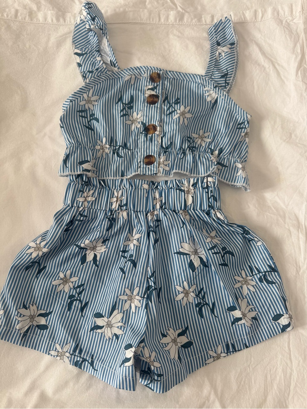 Blue Floral Stripe Girls' Cotton Shorts Set